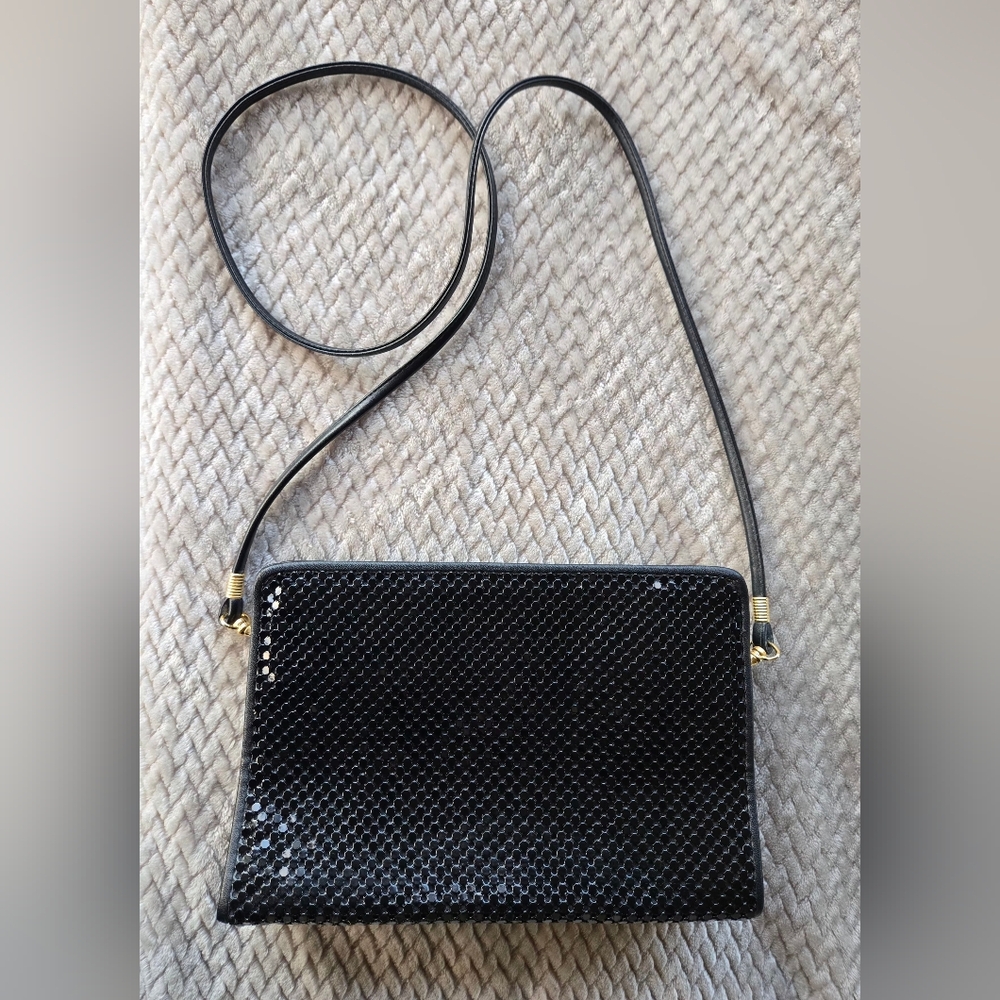 Vintage Whiting & Davis Black Metal Mesh Crossbody Bag – 1980s Retro Disco Glam